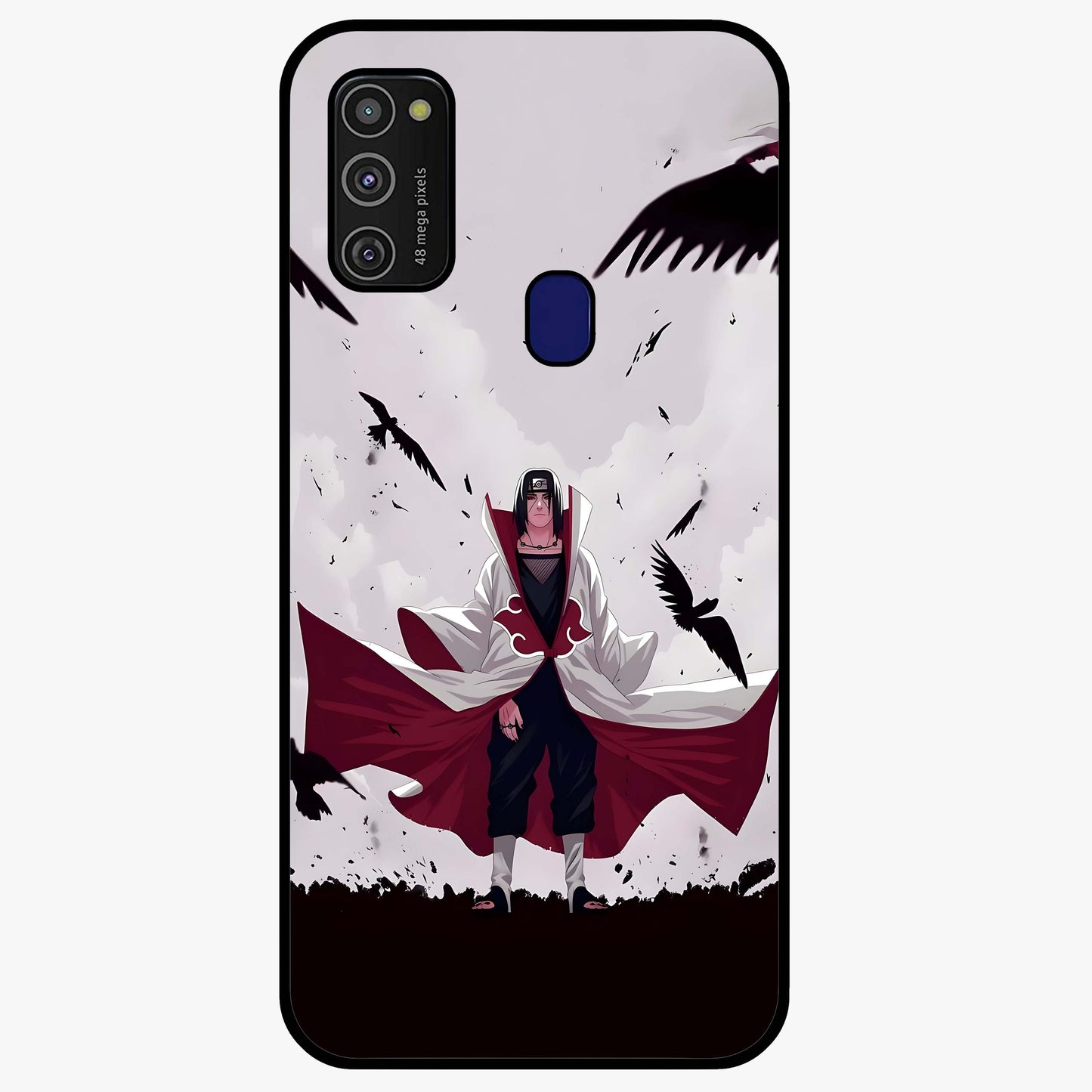 Crimson Crow Ascension Glass Case showing flat back view with mystical crow artwork and glossy glass finish.