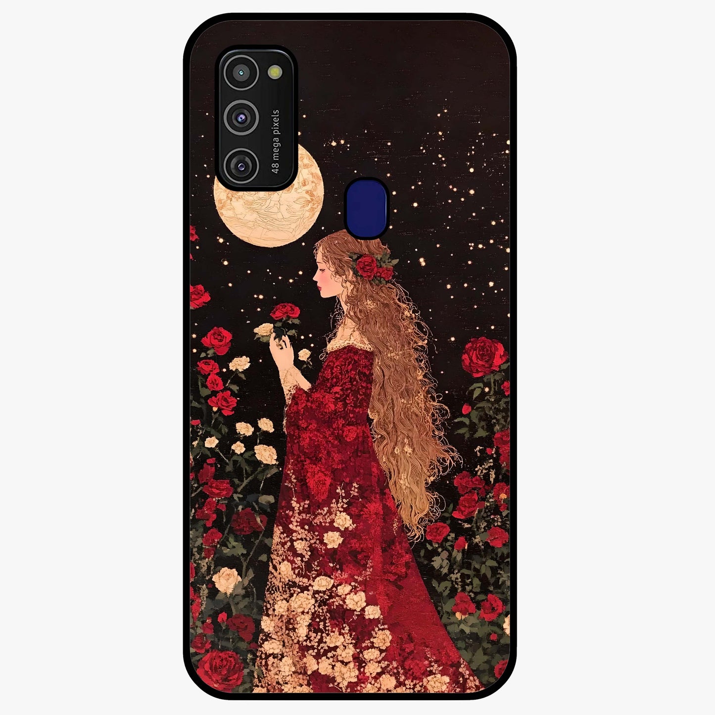 Crimson Dreams Glass Case showing flat back view with dreamy crimson artwork and glossy glass finish.