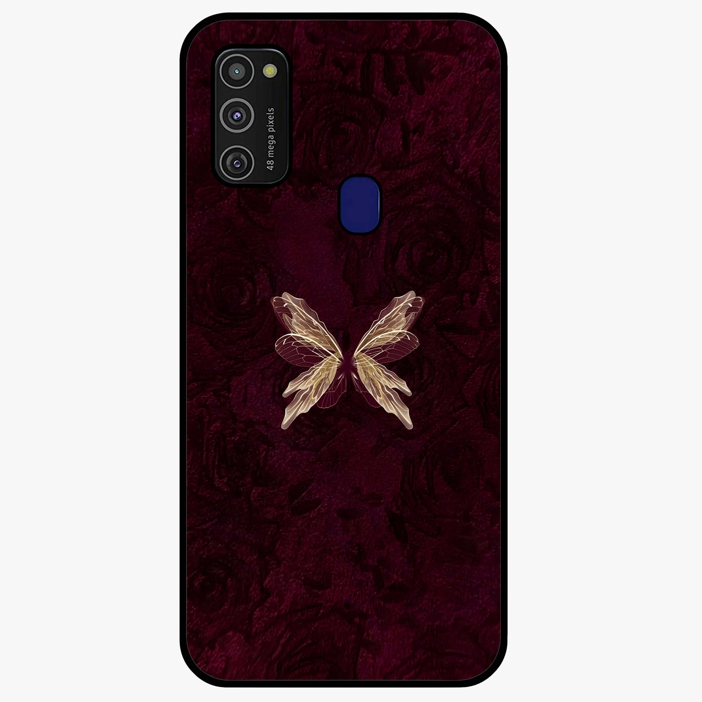 Crimson Fade Butterfly Glass Case showing flat back view with fading butterfly artwork and glossy glass finish.