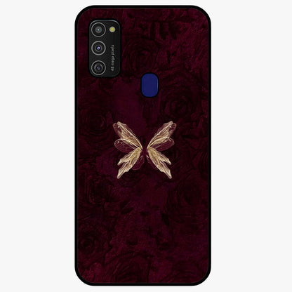 Crimson Fade Butterfly Glass Case showing flat back view with fading butterfly artwork and glossy glass finish.