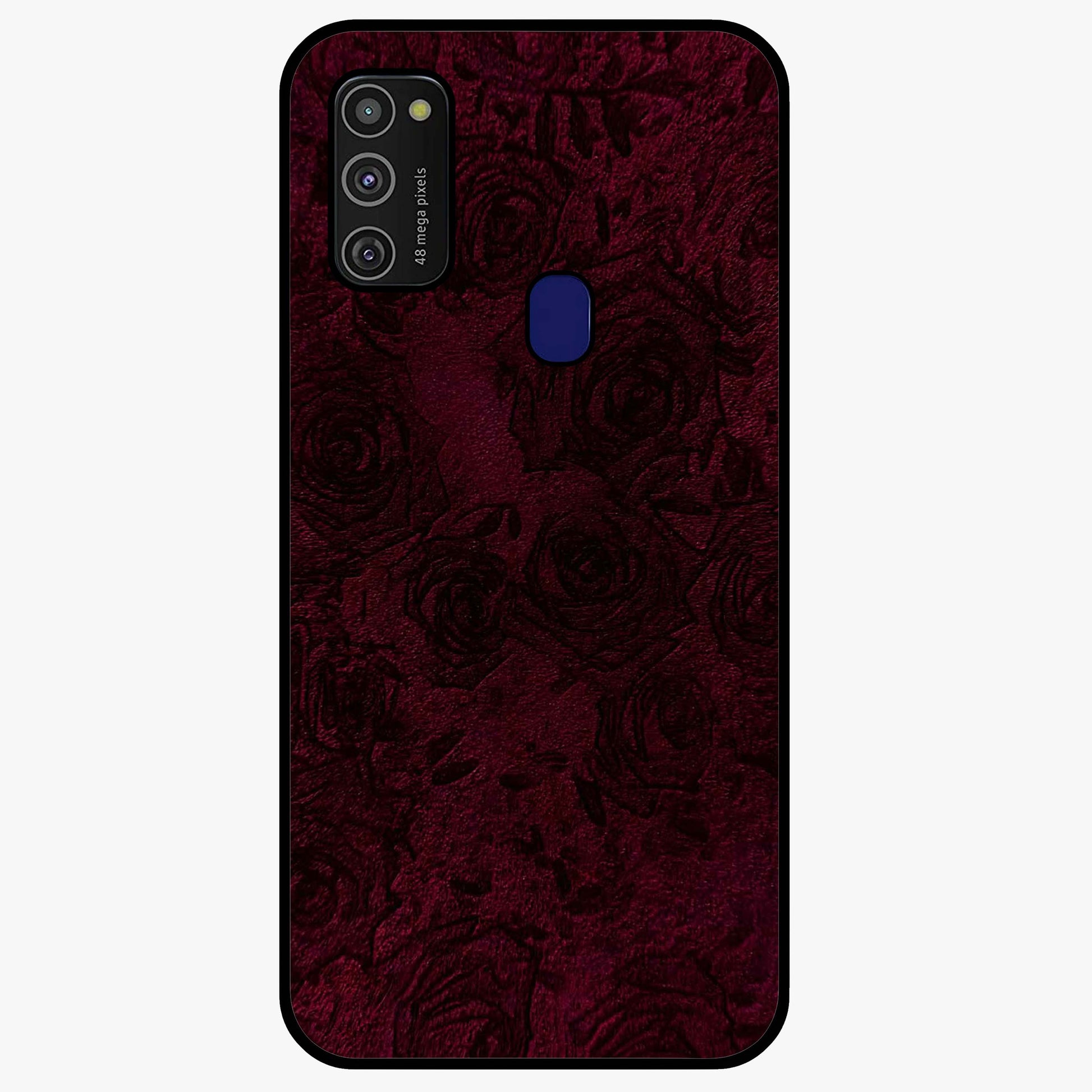 Crimson Fade Flow Glass Case showing flat back view with flowing crimson gradient artwork and glossy glass finish.
