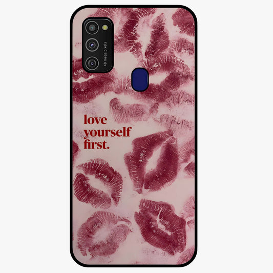 Crimson Kiss Love Glass Case showing flat back view with romantic crimson themed artwork and glossy glass finish.