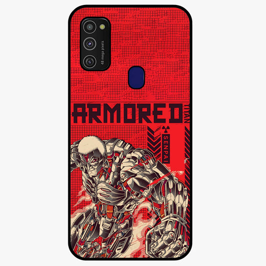 Crimson Mecha Titan Glass Case showing flat back view with powerful mech titan artwork and glossy glass finish.