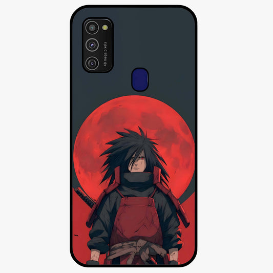 Crimson Moon Warlord Glass Case showing flat back view with mystical moon warrior artwork and glossy glass finish.