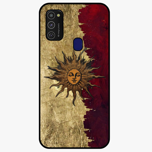 Crimson Sun Majesty Glass Case showing flat back view with radiant sun inspired artwork and glossy glass finish.