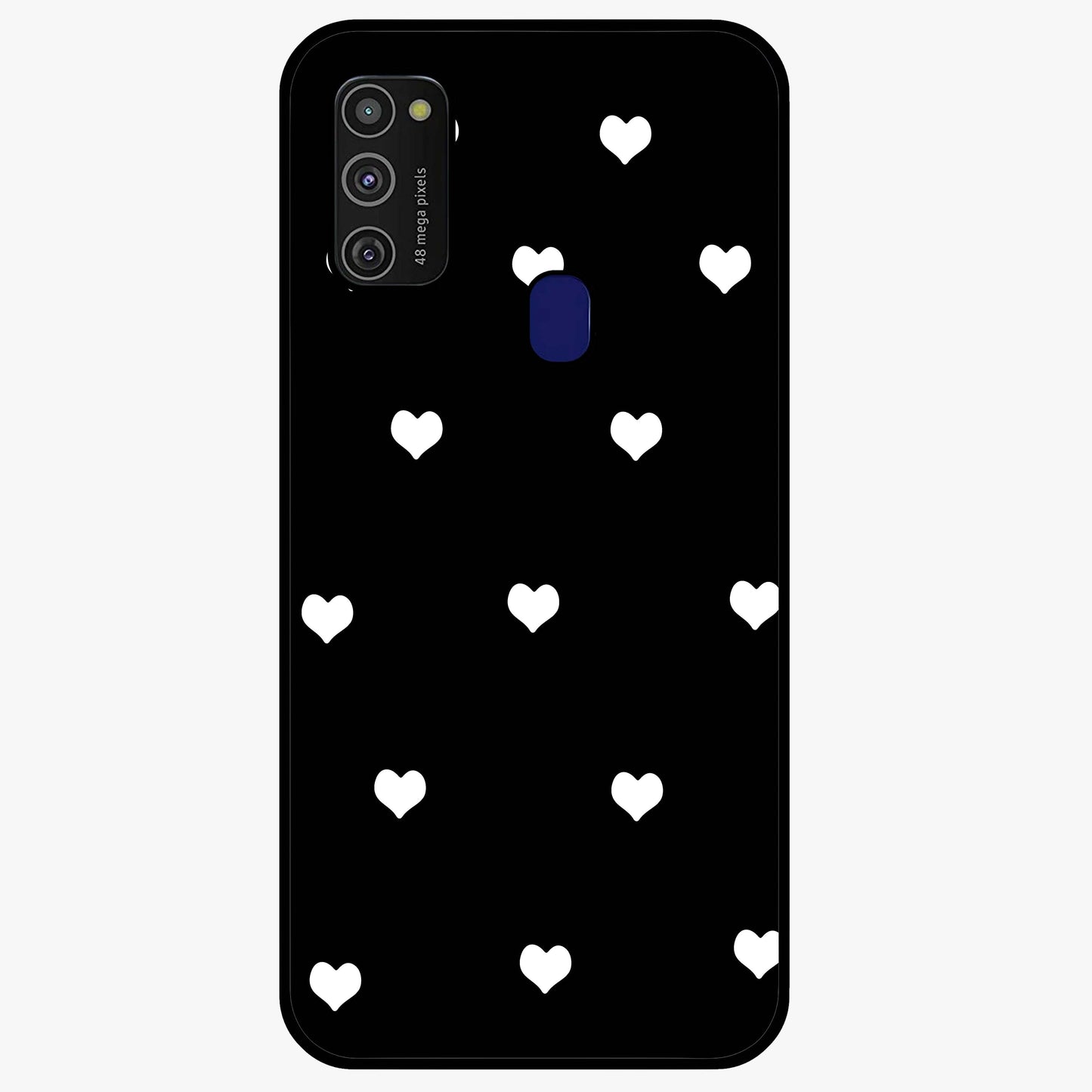 Cute And Simple White Hearts Glass Case showing flat back view with minimal white heart pattern and glossy glass finish.