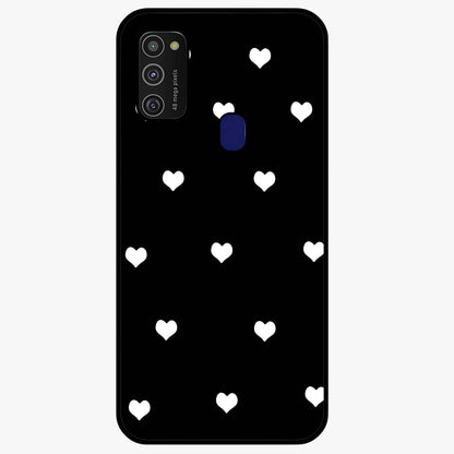 Cute And Simple White Hearts Glass Case showing flat back view with minimal white heart pattern and glossy glass finish.