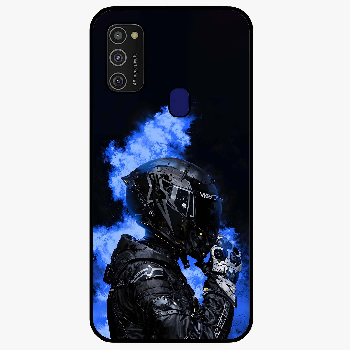 Cyber Sentinel Protocol Glass Case showing flat back view with futuristic cyber themed artwork and glossy glass finish.