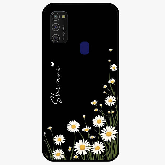 Daisy Cascade Custom Name Glass Case showing flat back view with cascading daisy flowers and personalized name design.