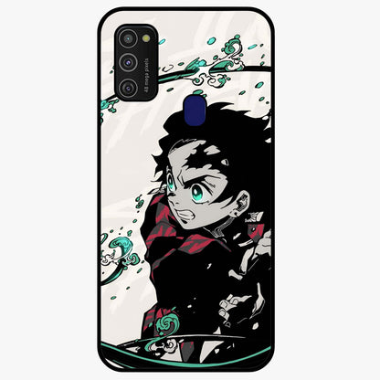 Demon Slayer Glass Case showing flat back view with bold anime inspired artwork and glossy glass finish.