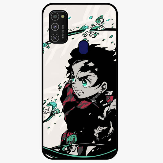Demon Slayer Glass Case showing flat back view with bold anime inspired artwork and glossy glass finish.