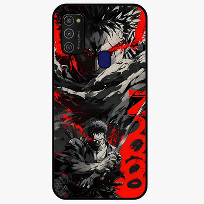 Demon Sword Resolve Glass Case showing flat back view with fierce sword warrior artwork and glossy glass finish.