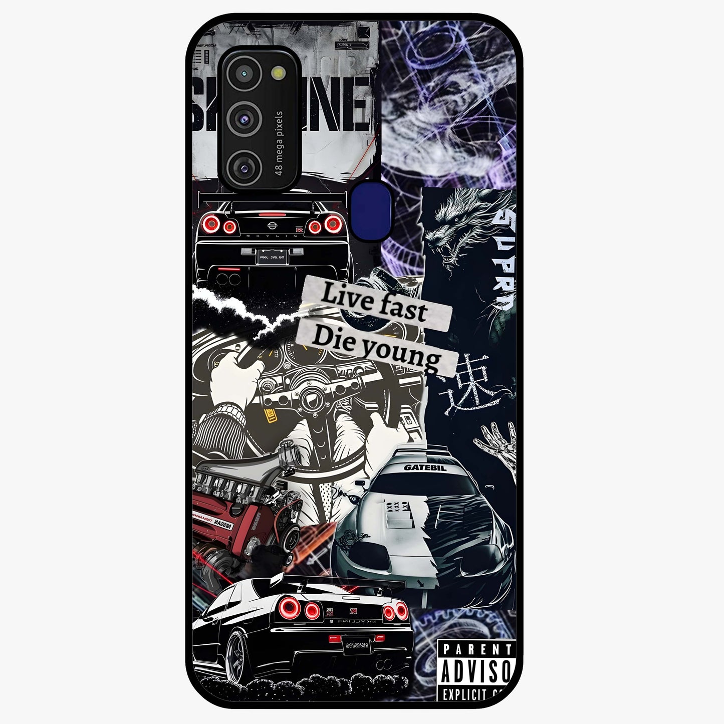 Die Young Glass Case showing flat back view with bold artistic typography design and glossy glass finish.