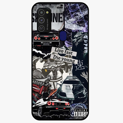 Die Young Glass Case showing flat back view with bold artistic typography design and glossy glass finish.