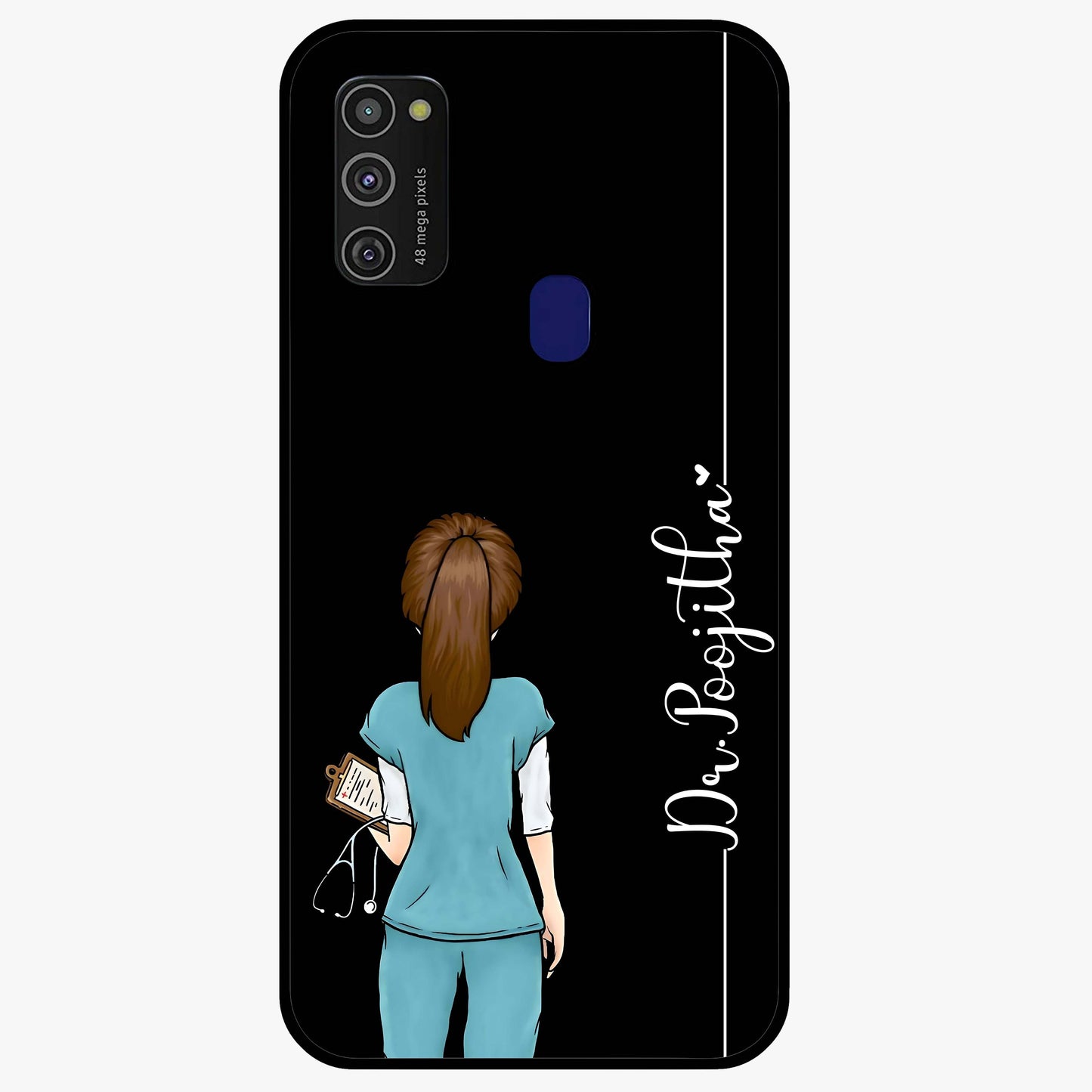 Doctor Pattern Custom Name Glass Case showing flat back view with medical themed pattern and personalized name design.