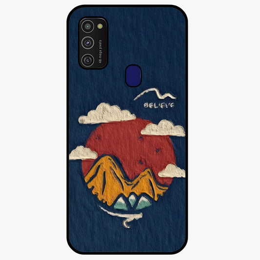 Dream Beyond Mountains Glass Case showing flat back view with scenic mountain landscape artwork and glossy glass finish.