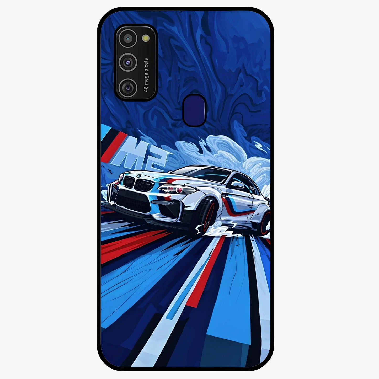Drift Power Rush Glass Case showing flat back view with dynamic racing inspired artwork and glossy glass finish.