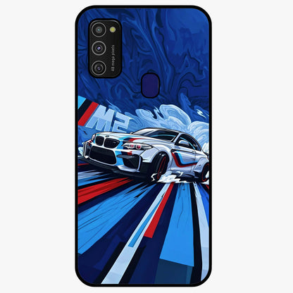 Drift Power Rush Glass Case showing flat back view with dynamic racing inspired artwork and glossy glass finish.