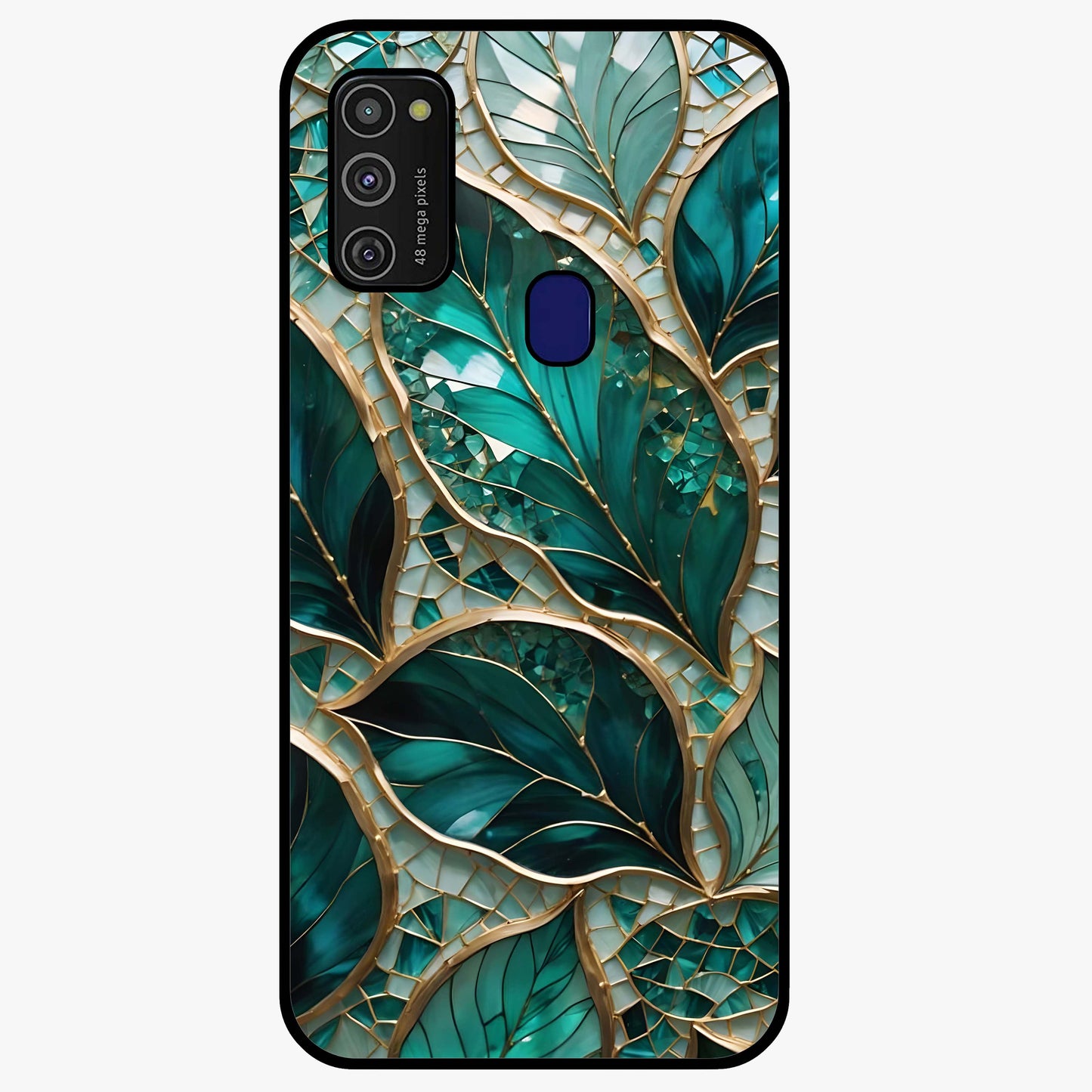Emerald Leaf Glass Glass Case showing flat back view with emerald green leaf artwork and glossy glass finish.