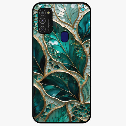 Emerald Leaf Glass Glass Case showing flat back view with emerald green leaf artwork and glossy glass finish.