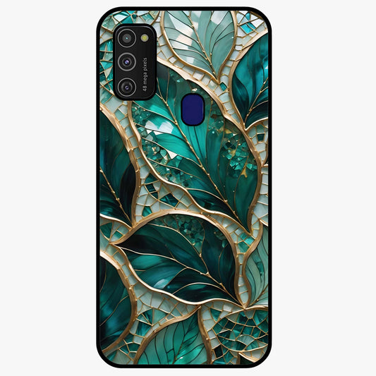 Emerald Leaf Glass Glass Case showing flat back view with emerald green leaf artwork and glossy glass finish.
