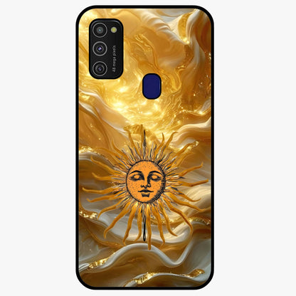 Eternal Golden Glow Glass Case showing flat back view with radiant golden themed artwork and glossy glass finish.