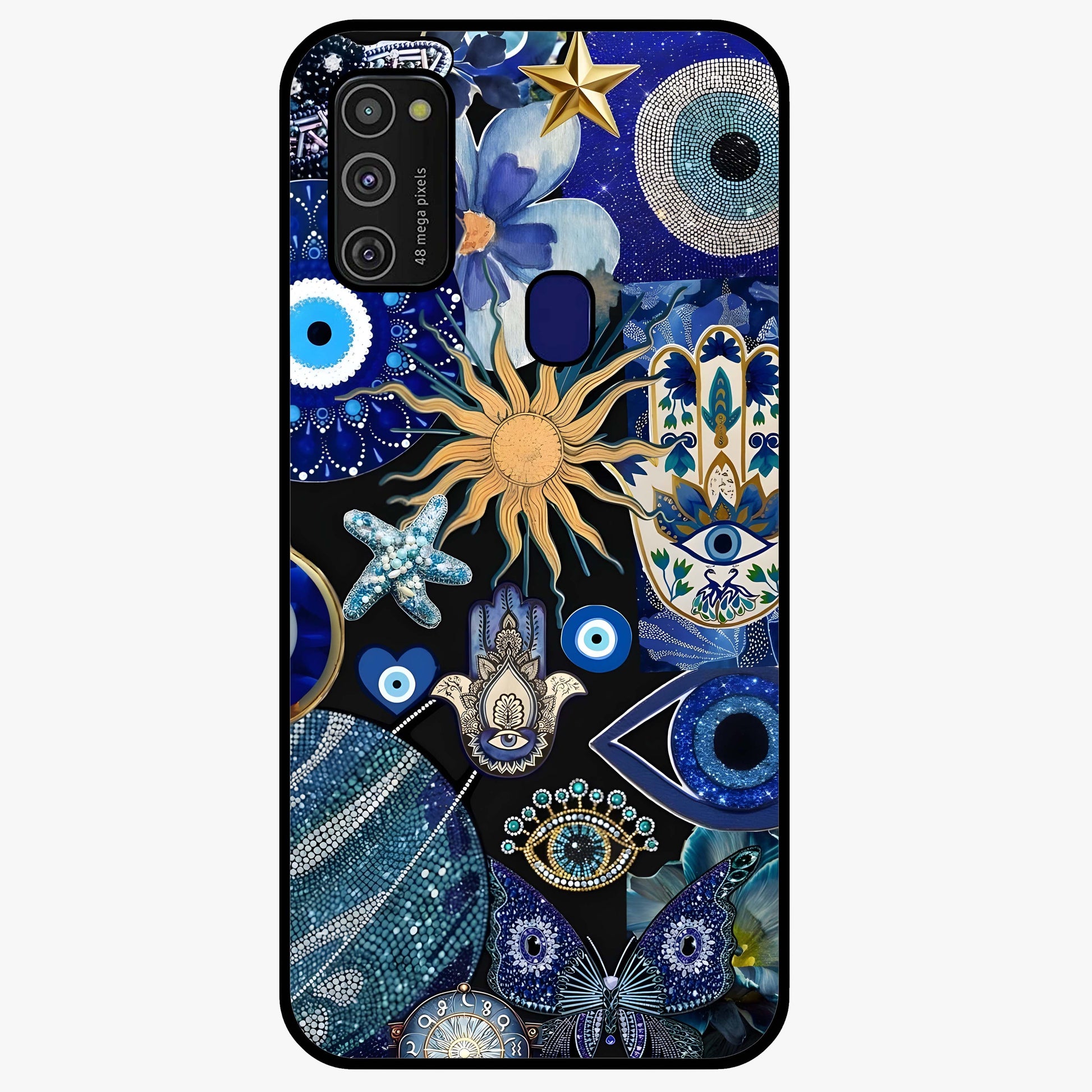 Evil Eye Charm Mix Glass Case showing flat back view with multiple evil eye charms artwork and glossy glass finish.