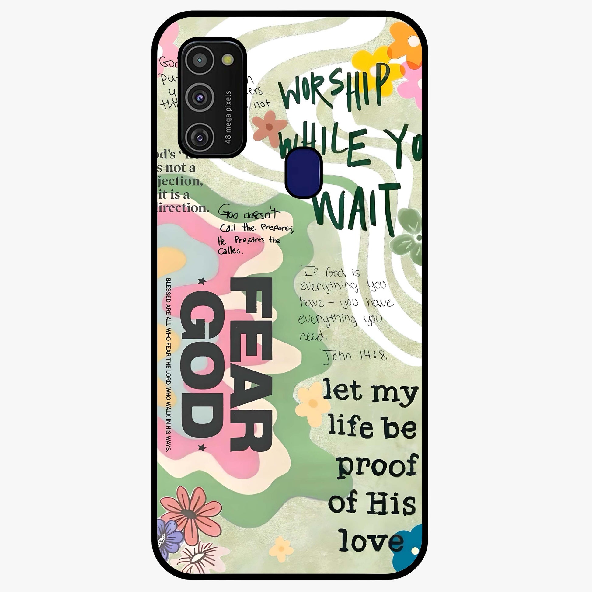 Faith Over Fear Glass Case showing flat back view with motivational typography artwork and glossy glass finish.