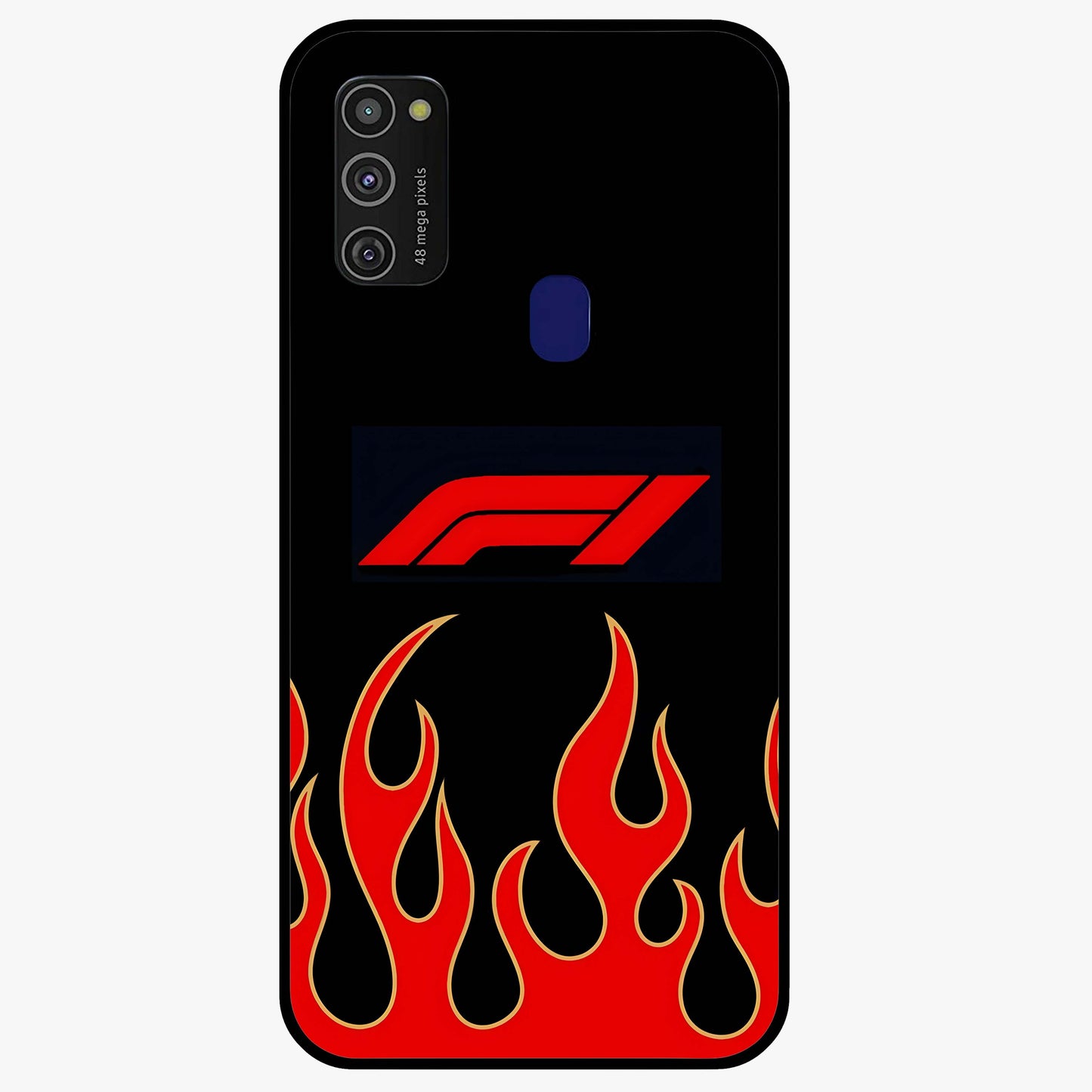 Fire F11 Glass Case showing flat back view with fiery themed artwork and glossy glass finish.