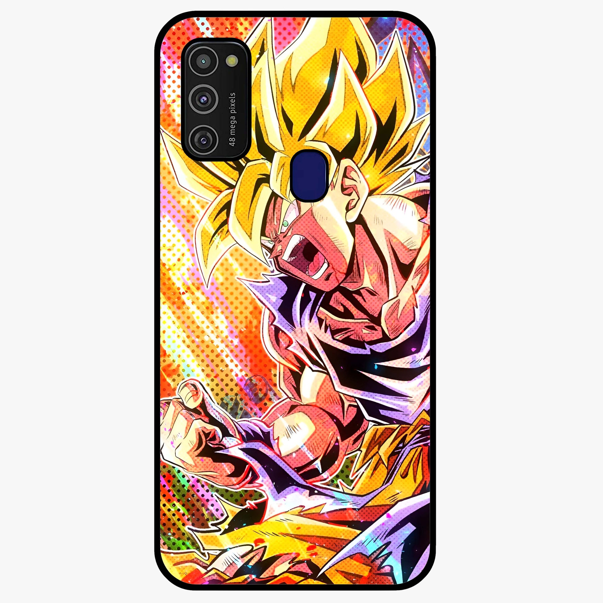 Firing Goku Glass Case showing flat back view with powerful anime inspired artwork and glossy glass finish.