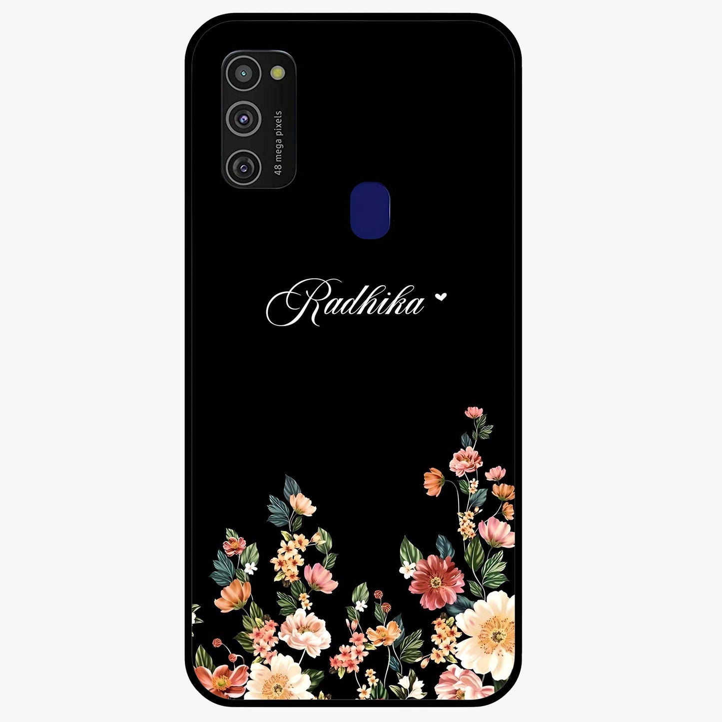 Floral Design With a Custom Personalized Name Glass Case showing flat back view with floral artwork and personalized name design.