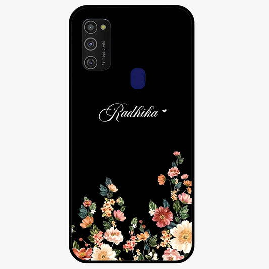 Floral Design With a Custom Personalized Name Glass Case showing flat back view with floral artwork and personalized name design.