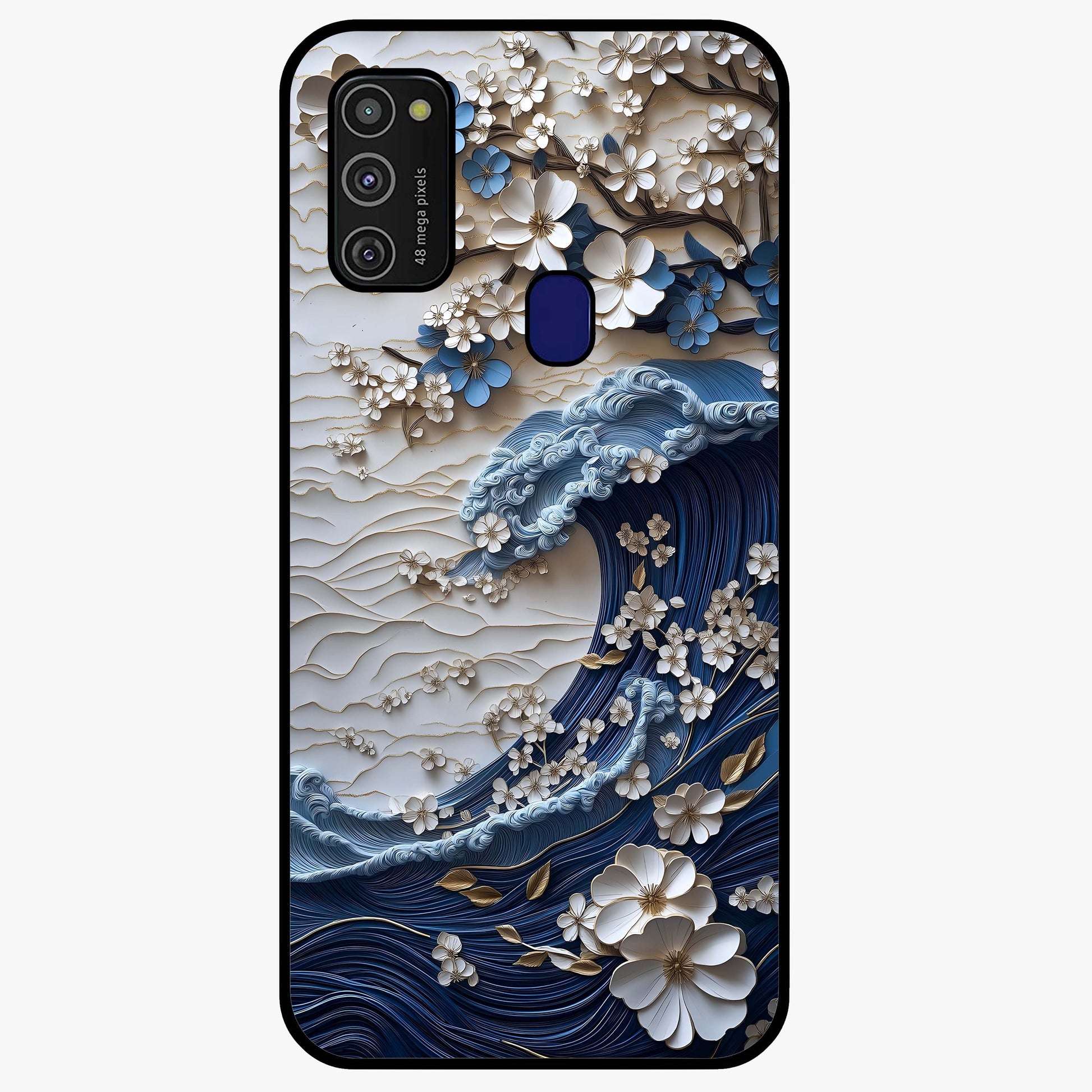 Floral Wave Origami Glass Case showing flat back view with origami inspired floral wave artwork and glossy glass finish.