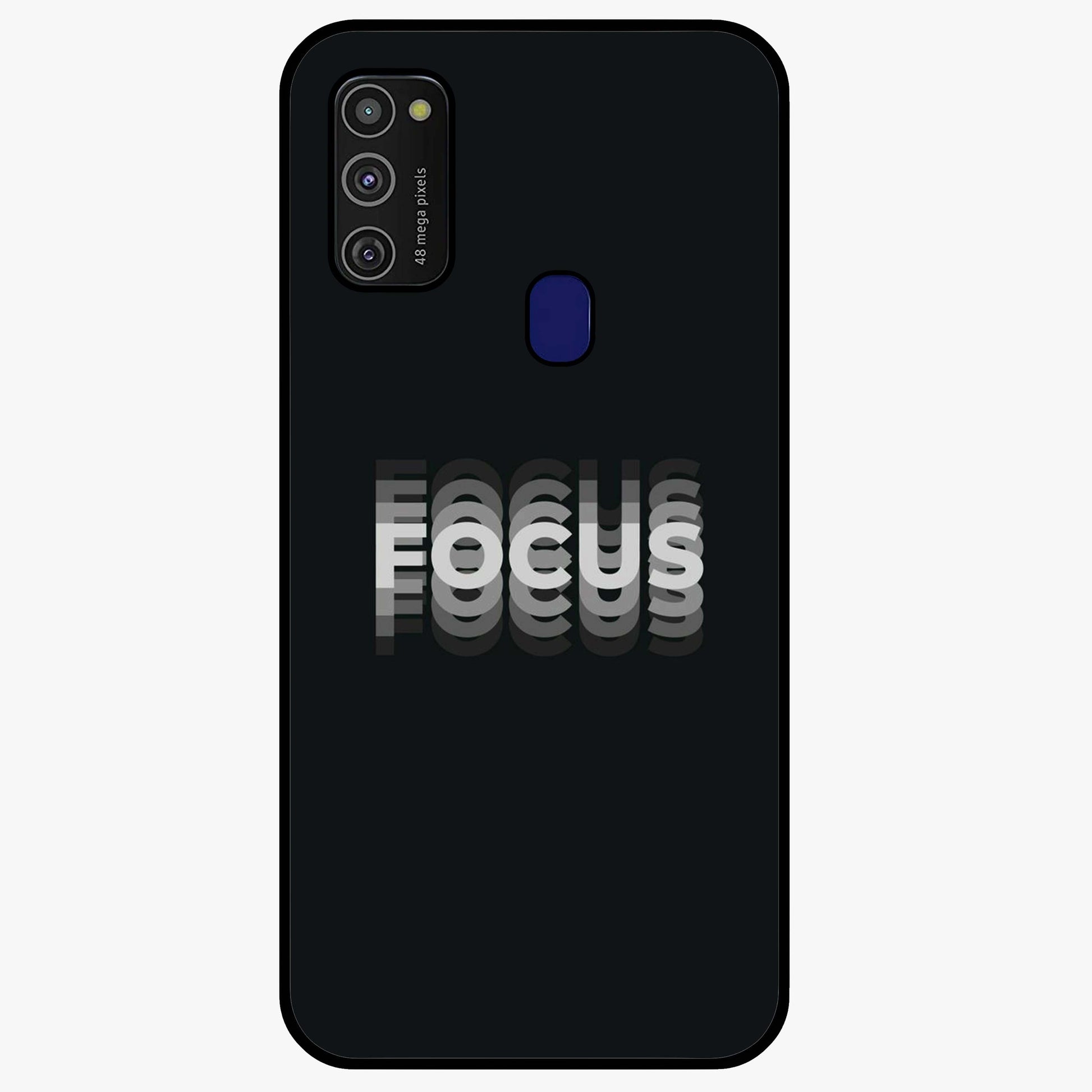 Focus Mode On Glass Case showing flat back view with bold motivational typography design and glossy glass finish.