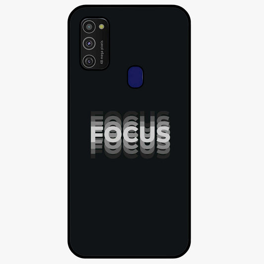 Focus Mode On Glass Case showing flat back view with bold motivational typography design and glossy glass finish.