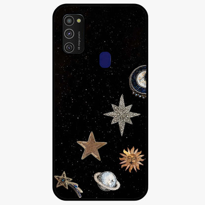 Galactic Charm Glow Glass Case showing flat back view with glowing celestial charm artwork and glossy glass finish.