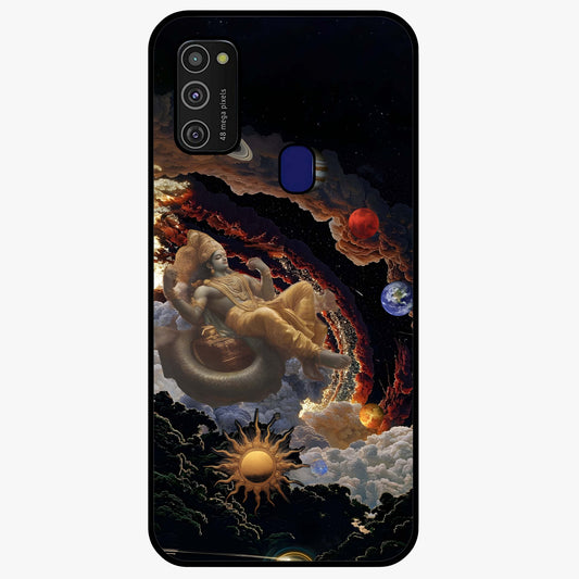 Galactic Divine God Glass Case showing flat back view with divine cosmic themed artwork and glossy glass finish.
