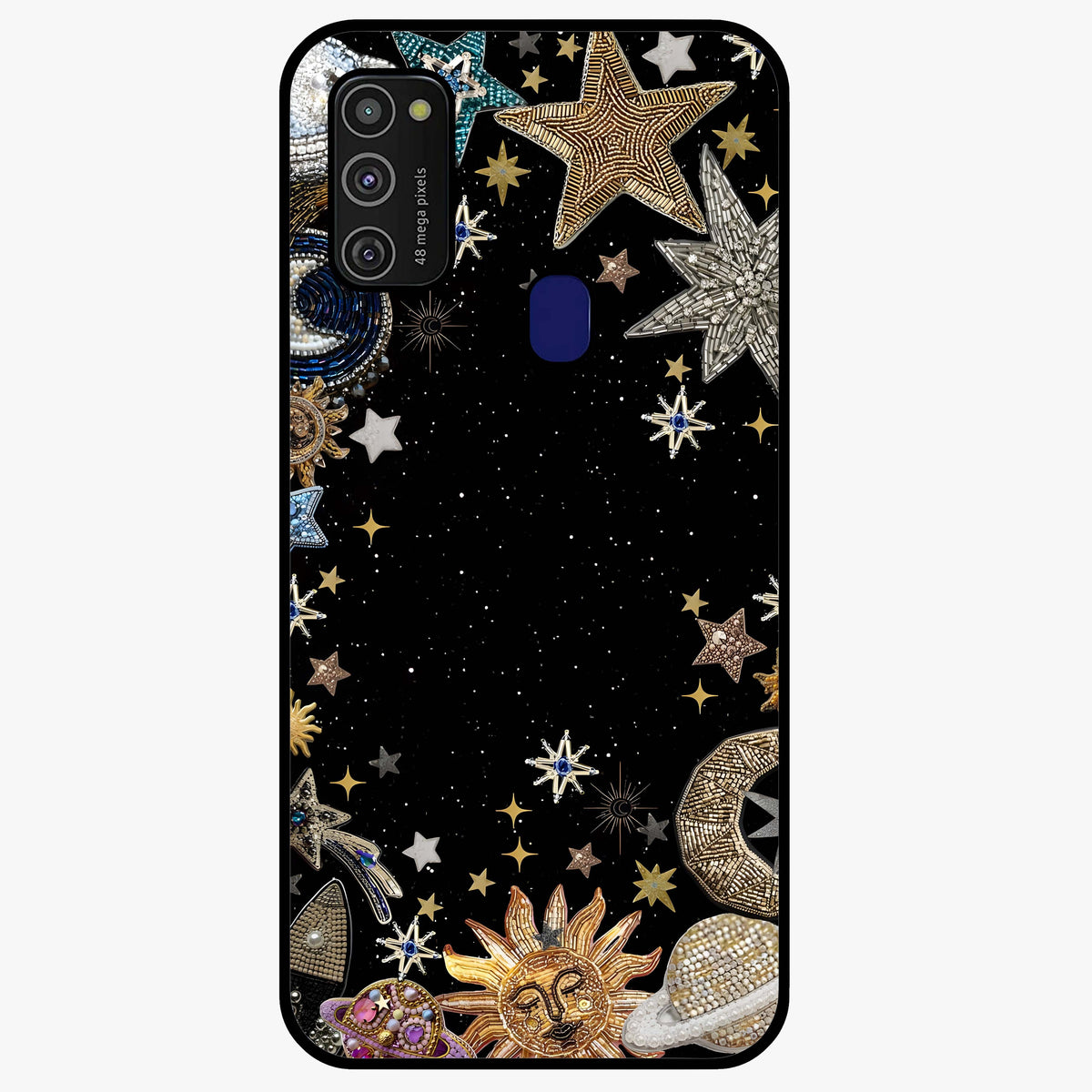 Galactic Jewel Stars Glass Case showing flat back view with sparkling star jewel artwork and glossy glass finish.