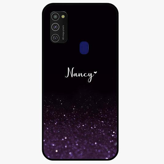 Glittery Purple Bokeh Custom Name Glass Case showing flat back view with purple bokeh sparkle artwork and personalized name design.
