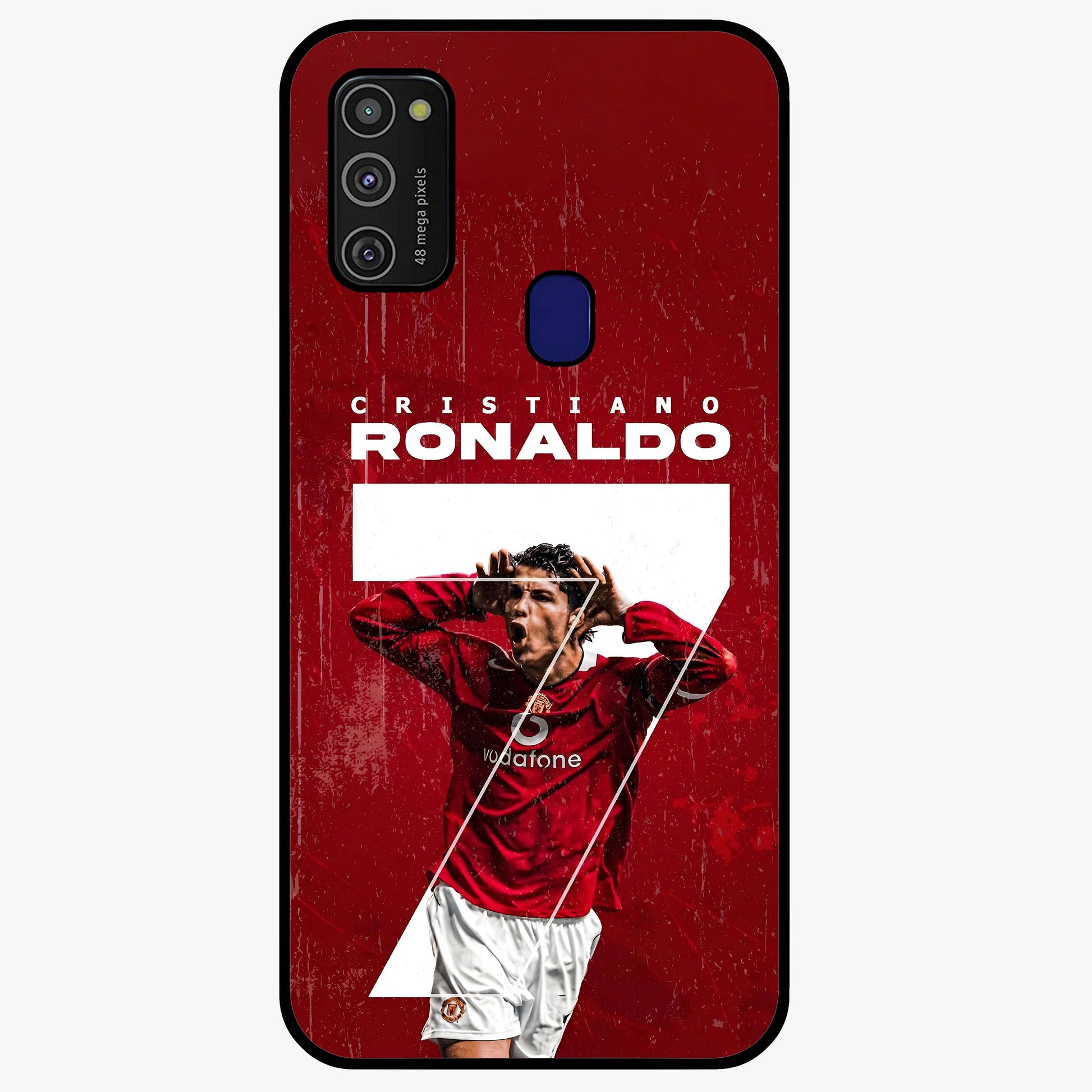 Goal Celebration Legacy Glass Case showing flat back view with football celebration inspired artwork and glossy glass finish.