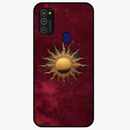Gold Sun Blush Glass Case showing flat back view with golden sun inspired artwork and glossy glass finish.