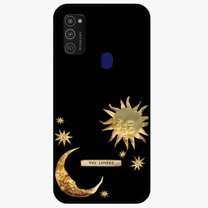 Golden Celestial Charm Glass Case showing flat back view with golden celestial charm artwork and glossy glass finish.
