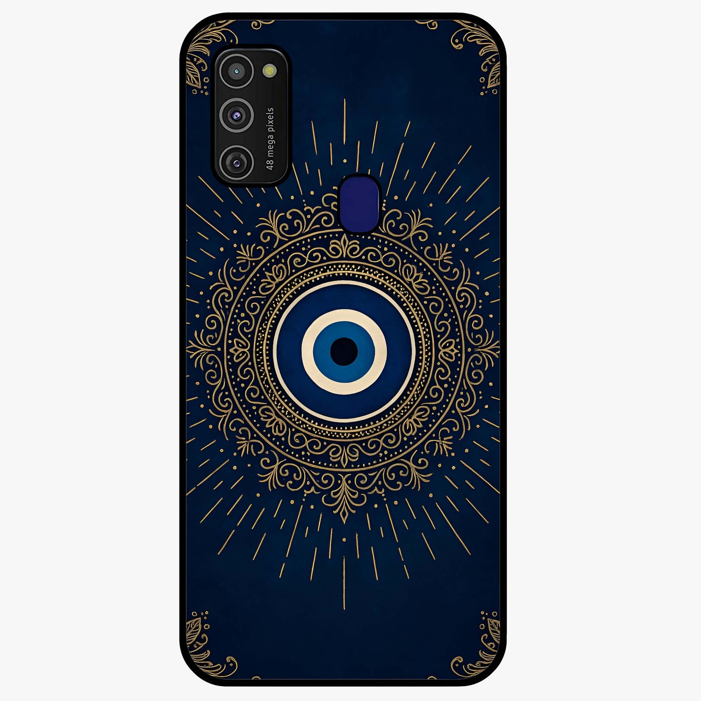 Golden Evil Eye Mandala Glass Case showing flat back view with intricate evil eye mandala artwork and glossy glass finish.