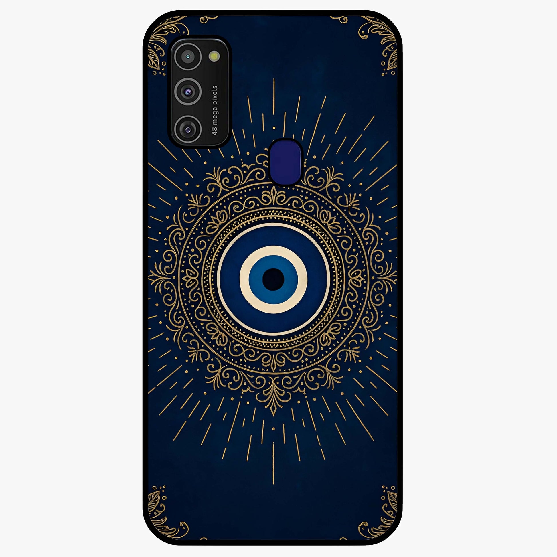 Golden Evil Eye Mandala Glass Case showing flat back view with intricate evil eye mandala artwork and glossy glass finish.
