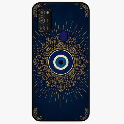 Golden Evil Eye Mandala Glass Case showing flat back view with intricate evil eye mandala artwork and glossy glass finish.
