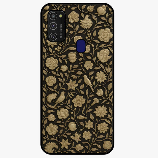 Golden Floral Majesty Glass Case showing flat back view with luxurious golden floral artwork and glossy glass finish.