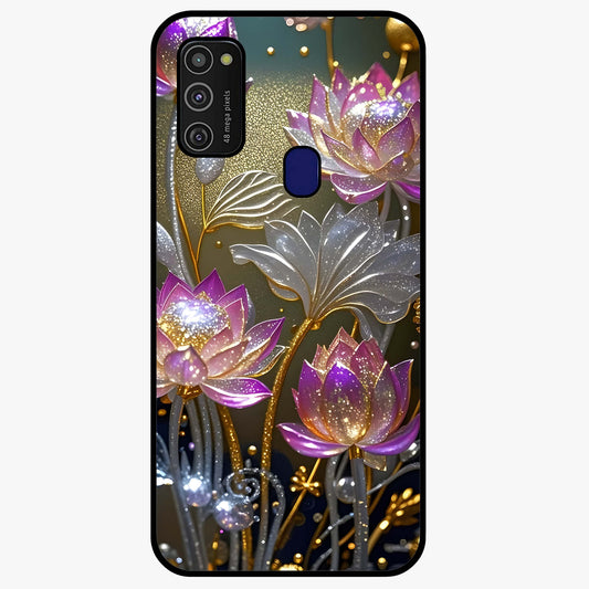 Golden Lotus Glow Glass Case showing flat back view with glowing lotus flower artwork and glossy glass finish.