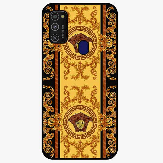 Golden Royal Heritage Glass Case showing flat back view with ornate royal pattern artwork and glossy glass finish.