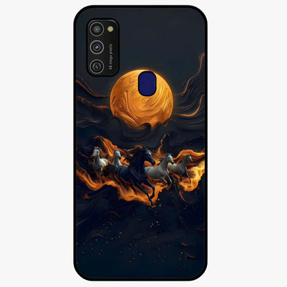 Golden Stallion Moonride Glass Case showing flat back view with majestic horse under moonlight artwork and glossy glass finish.