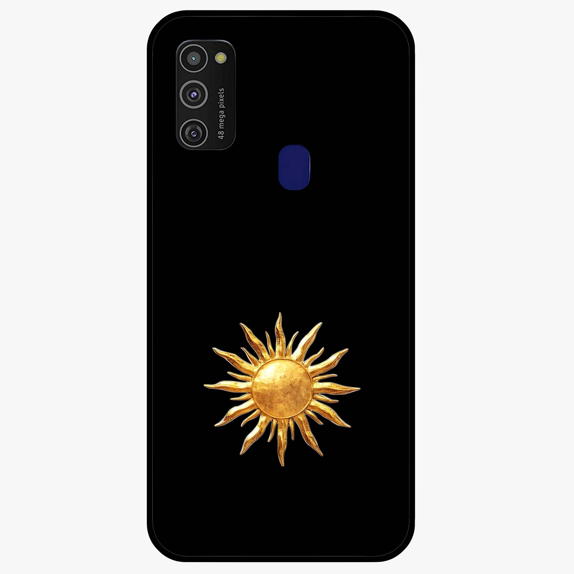 Golden Sun Minimalism Glass Case showing flat back view with minimal golden sun artwork and glossy glass finish.